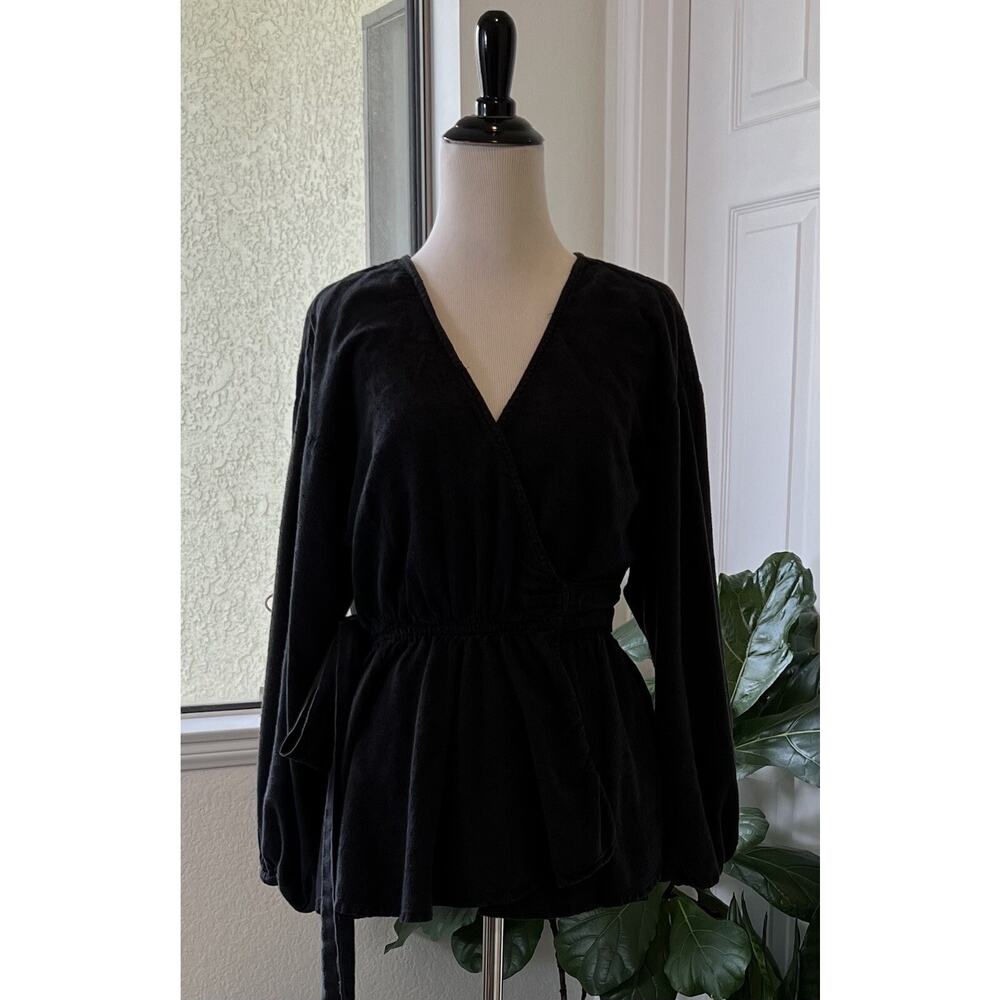 Free‎ People Women's Poplin Wrap Blouse Size S Black Swiss Dot Whimsigoth Witchy